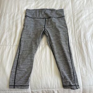 Athleta cropped leggings, mid-calf with black and white stripe pattern